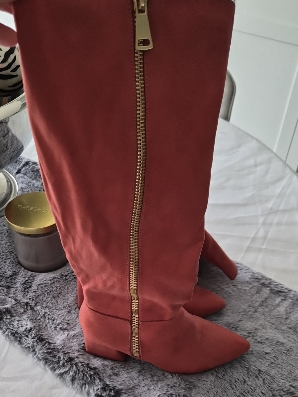 Over-the-Knee Rust Suede-Look Boots with Gold Zip Accent